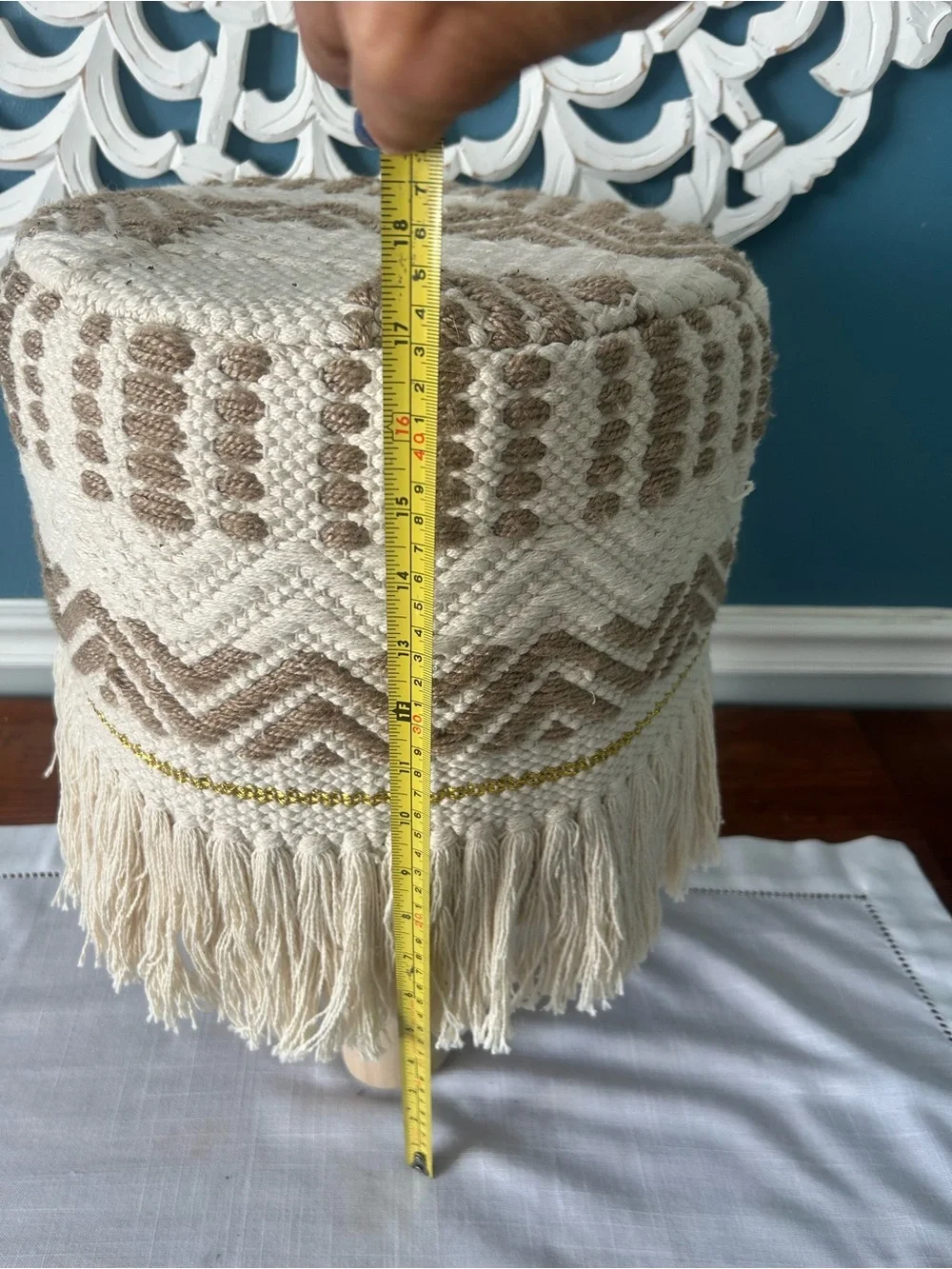 Like New Boho Woven Fringe Accent Stool Pouf in Cream and Brown